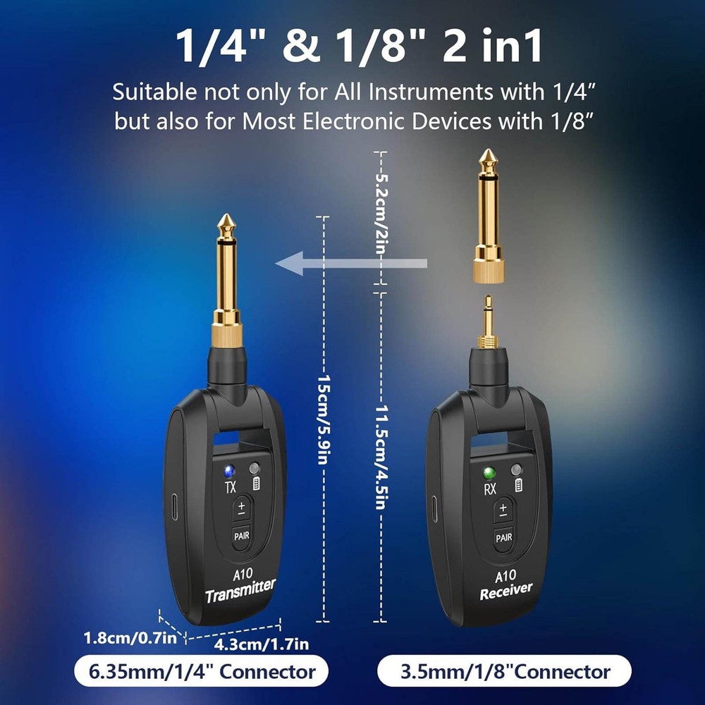 Wireless Guitar Transmitter & Receiver System 100ft Range 5H Play 2.4GHz Band