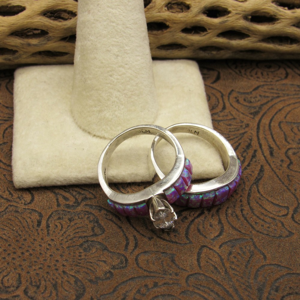 *Sterling Silver Purple Lab Opal Wedding Ring Set Size 8 1/2