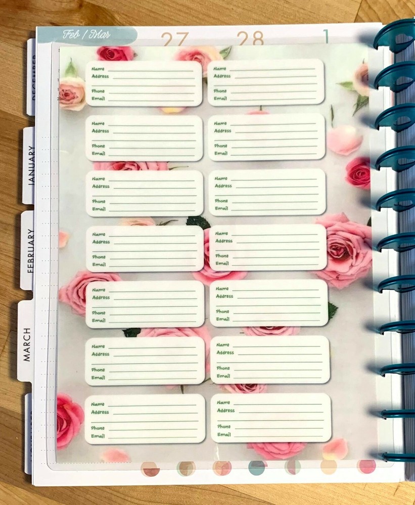 Contacts Addresses Two Sided Dashboard for use with the BIG Happy Planner