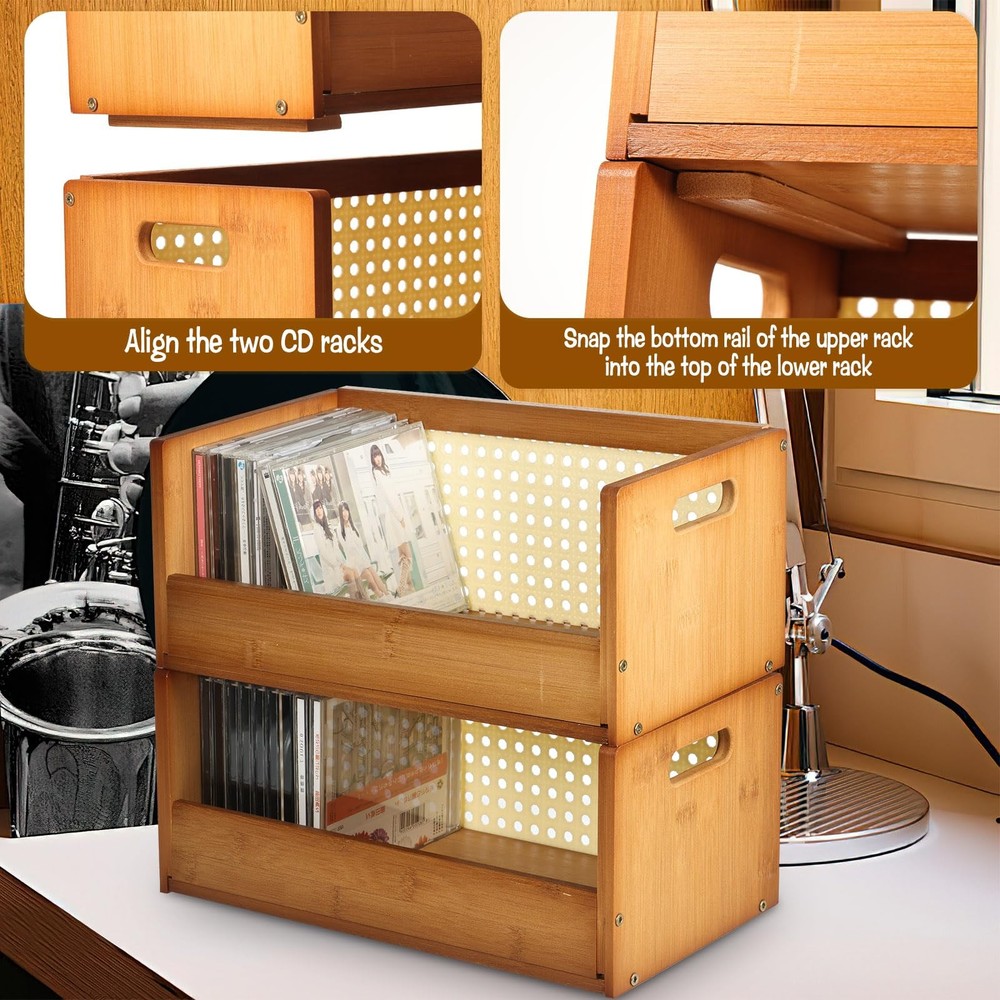 2 Set Bamboo CD Storage Box, Stackable CD Holder Racks Organizer Shelf for Mo...