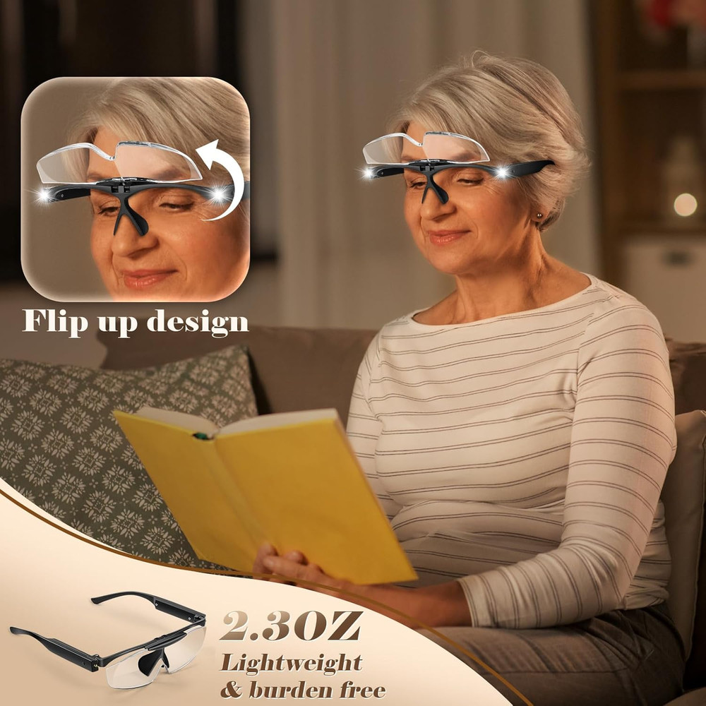 Magnifying Glasses 200% LED Light USB Rechargeable Hands Free Magnifier Eyewear