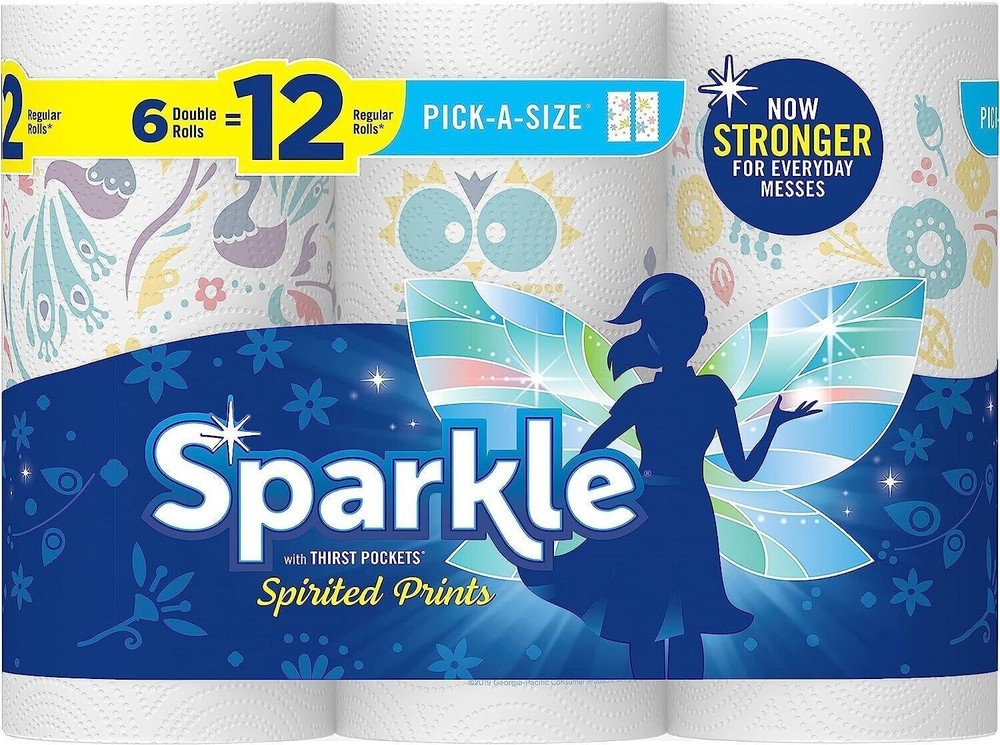 Sparkle Pick-a-size Paper Towels Spirited Prints 6 Double Rolls = 12 Regular