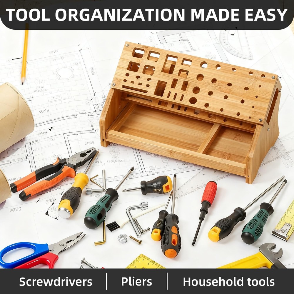 Bamboo Screwdriver Organizer - Tool Storage Organizer Workbench Desktop Rack ...