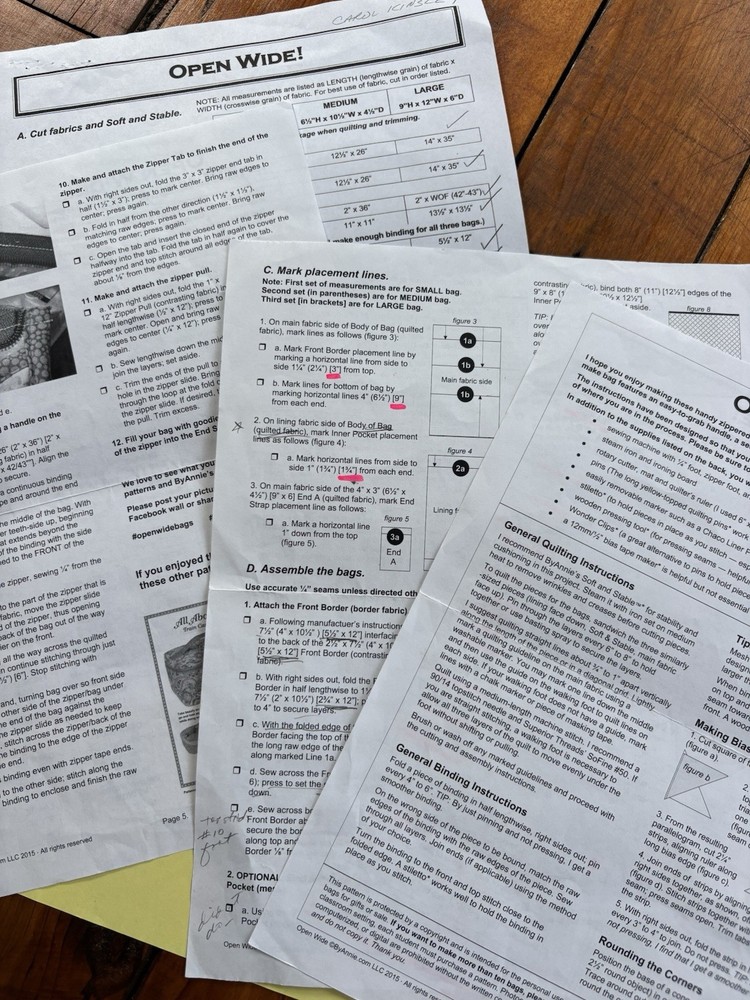 Patterns by Annie Open Wide Zippered Bags 3 Sizes (Notes, Highlighting)