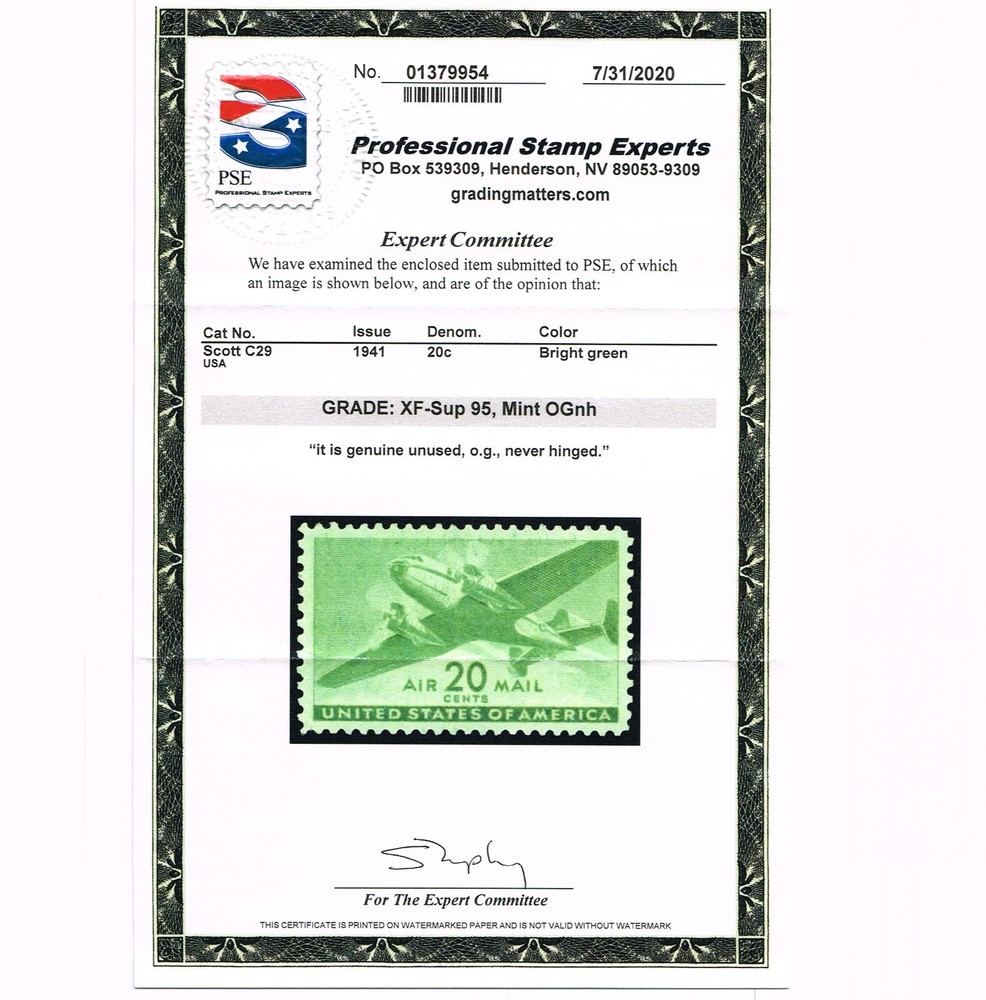 EXCEPTIONAL GENUINE SCOTT #C29 MINT PRISTINE OG NH PSE CERT GRADED XF-SUPERB-95