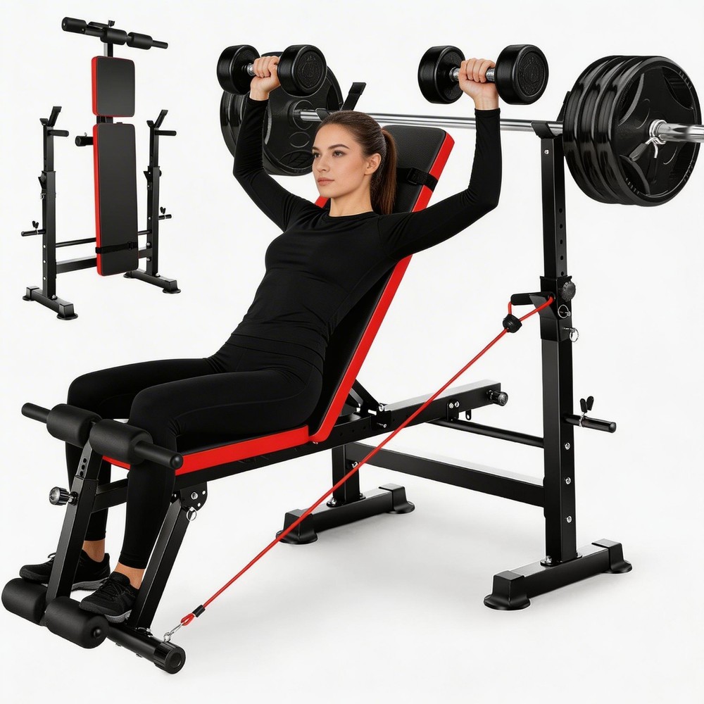600LBS Adjustable Weight Bench Workout with Barbell Rack Removable Foot Bracket