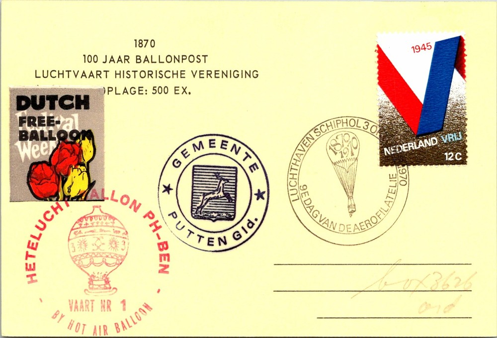 1970 Netherlands - PH-BEN - Balloon Mail - F17595