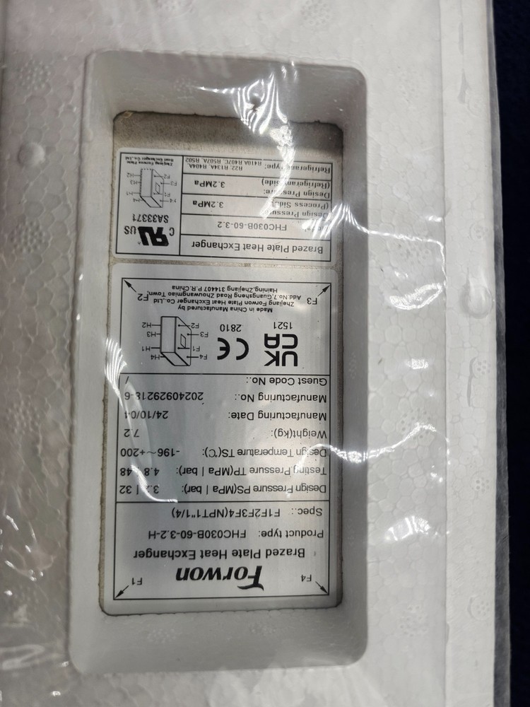 Forwon FHC030B-60-3.2 60 Plate Water to Water Brazed Plate Heat Exchange