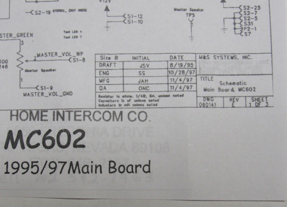 M&S MC602 Schematics Complete 1995-2002 Charts for Intercom