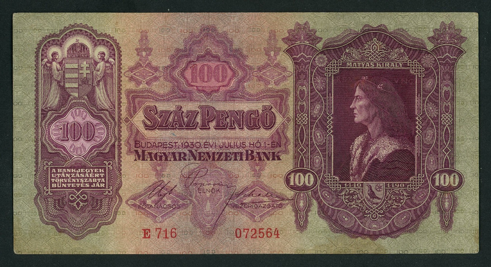 🔴HUNGARY  100 Pengo 1930  XF  Prefix : E🔴