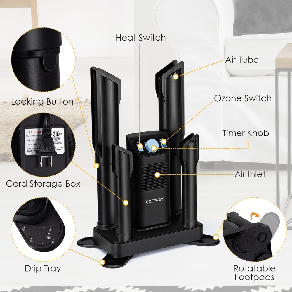 Electric 4 Shoe Dryer Deodorizing Boot Warmer W/ 180 Mins Timer & Heating Blower