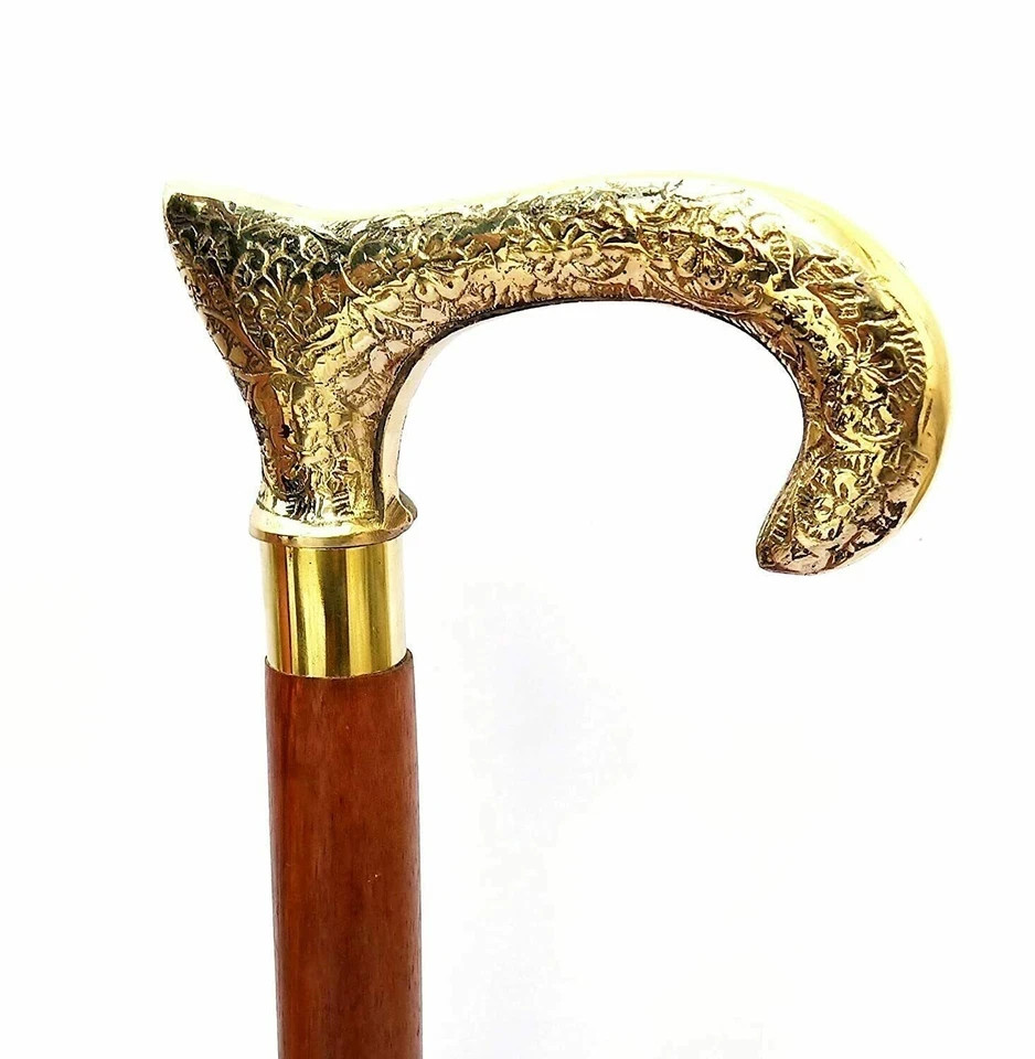 Handmade Solid Brass Curving Handle Victorian Cane Wooden Walking Stick Handmade