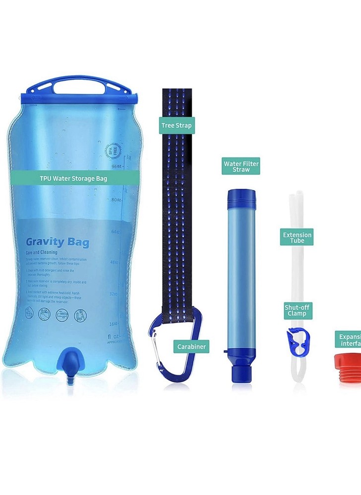 Water Filter Straw w/ 3L Gravity Bag Camping Water Filtration System Tree Strap