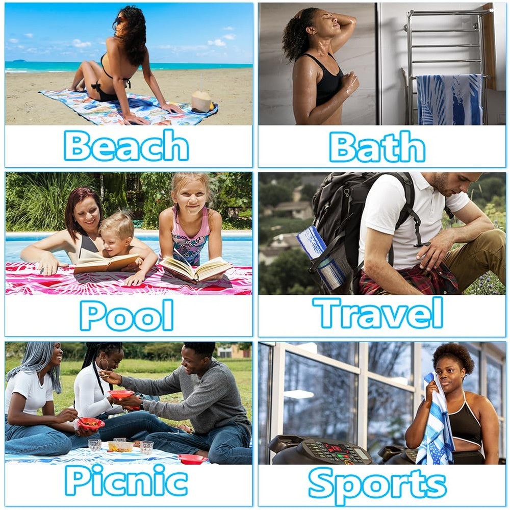 4 Pack Microfiber Lightweight Beach Towel Sand Free Quick Dry Absorbent Thin ...