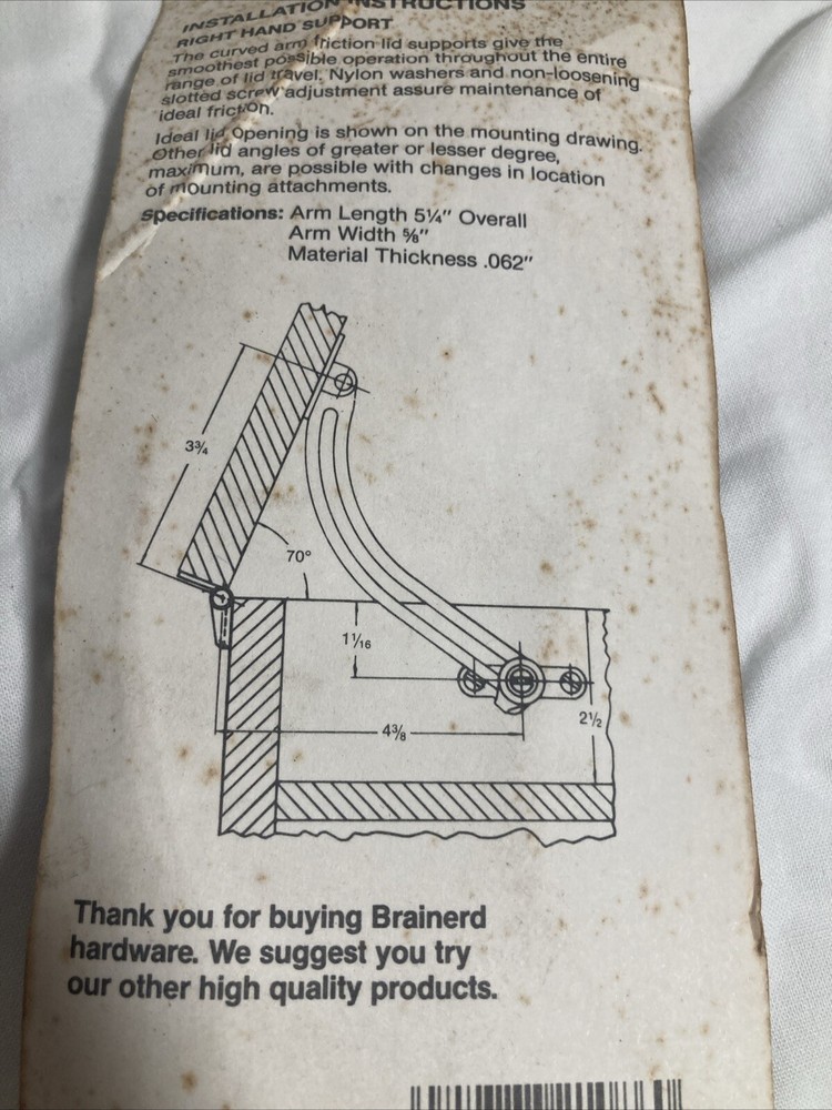 Brainerd friction lid support RIGHT Hand R1086XC