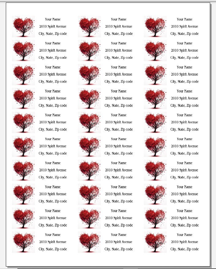 150 Red Heart Tree Mailing Return Address Labels Personalized 1 x 2 5/8 in.