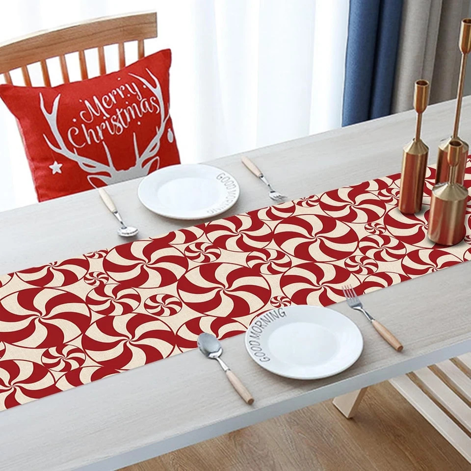 Christmas Peppermint Candy Table Runner, Red Xmas Believe Kitchen Dining Table