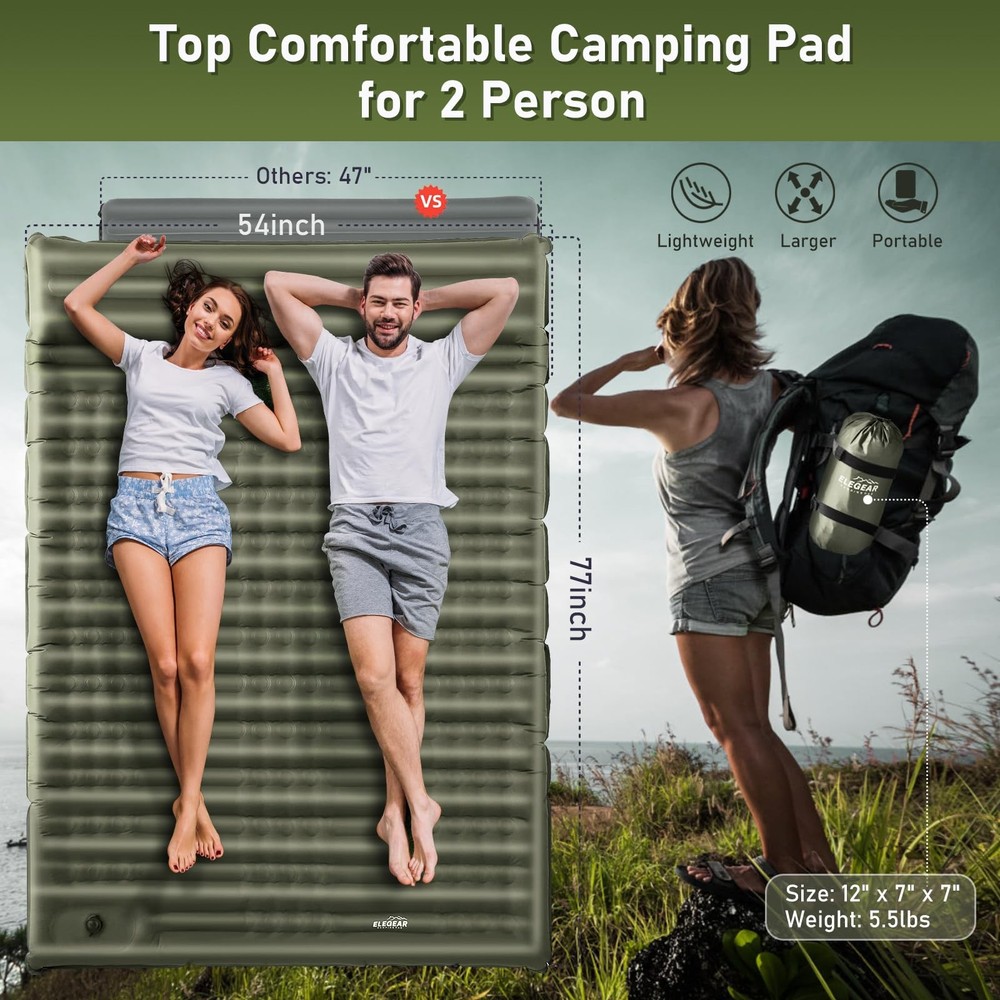 Double Sleeping Pad for Camping, 4.7" Ultra-Thick Inflatable Mat for 2 Persons