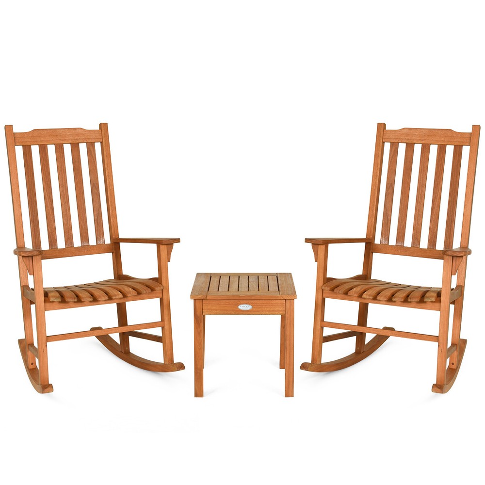 3 PCS Eucalyptus Rocking Chair Set Patio With Coffee Table 2 Conversation Chairs