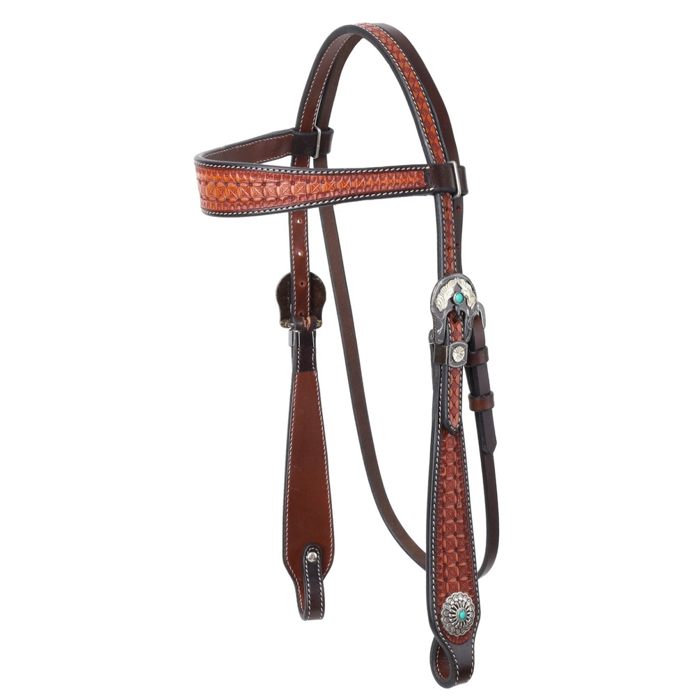 BROWBAND HEADSTALL Rustic Tooled Medium Oil Waffle Tooled Leather