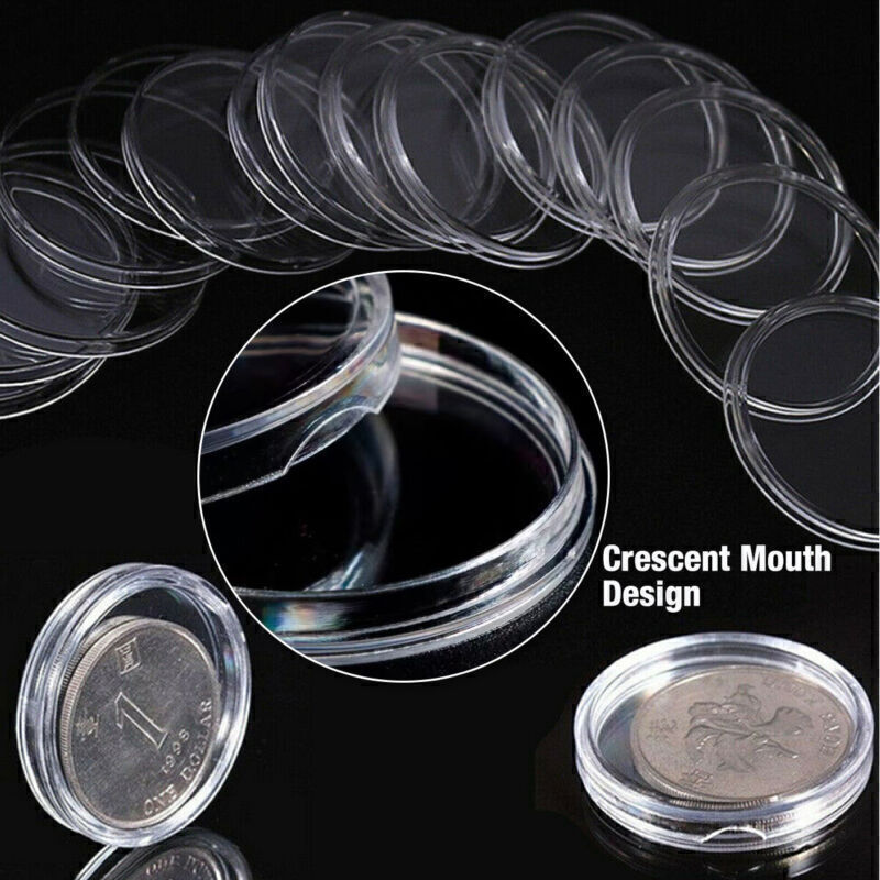 100 Pcs 30mm Clear Coin Capsule Round Plastic Holder Container Storage Box Case