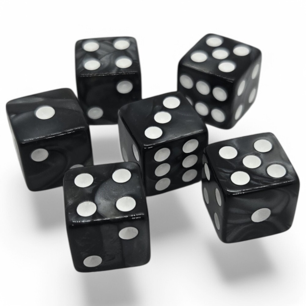 Set (6) 16mm Pearlized Dice Squared Corners Black w/White Pips + Storage Pouch