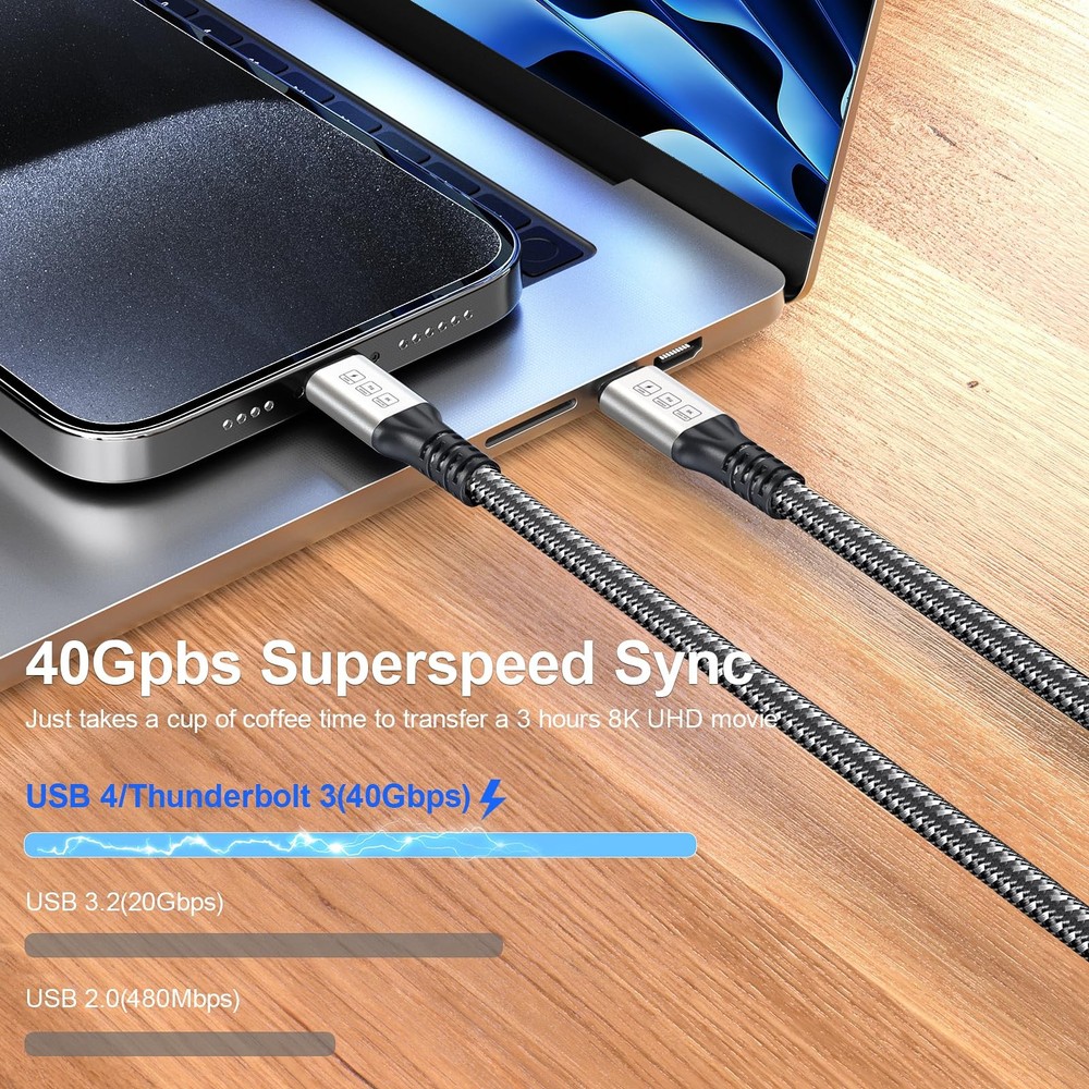 3ft Thunderbolt 4 Cable, 240W, 40Gbps Data, 8K, 4K Display, Slivery-Black