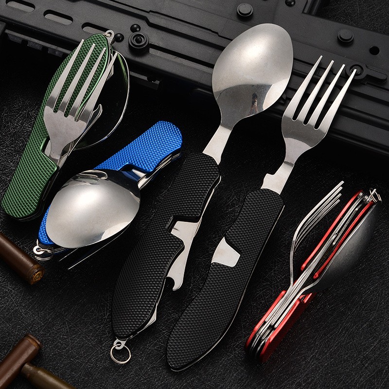 4 in1 Foldable Camping Utensil Set Multi-Functional ForkSpoon Bottle Open