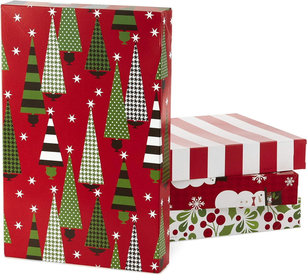 Medium Christmas Gift Boxes with Lids (12 Shirt Boxes, 4 Designs: Trees, Stripes
