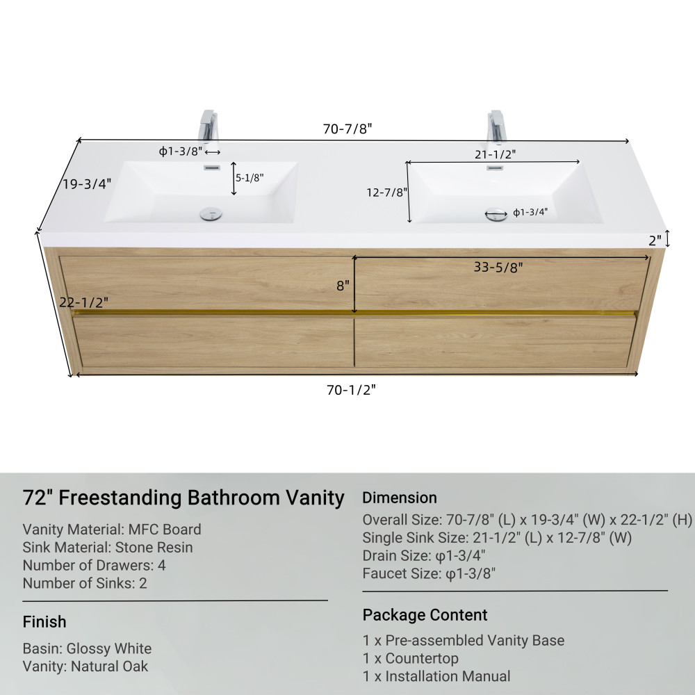 72" Floating Wall-Mount Vanity w/ Sink, Soft-Close Drawers, Pre-Assembled