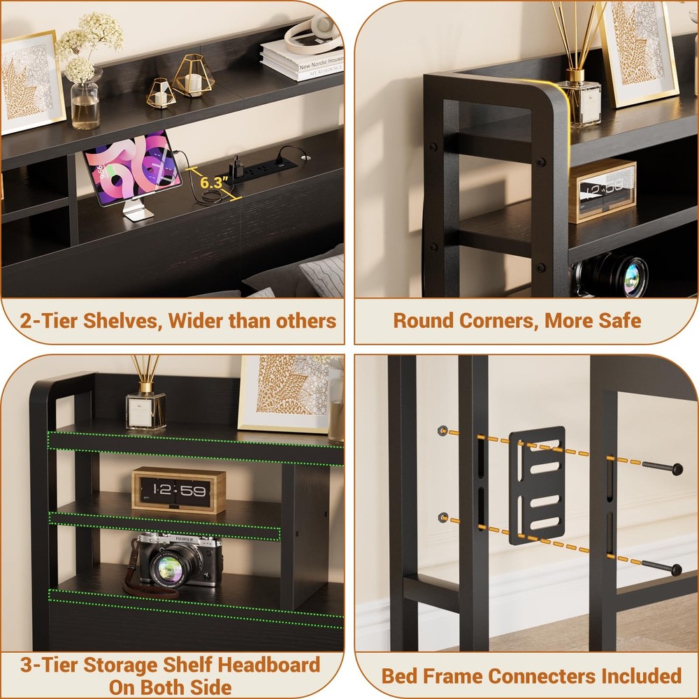Headboard for Full Size Bed with Storage, Headboards with LED Light, Power Ou...