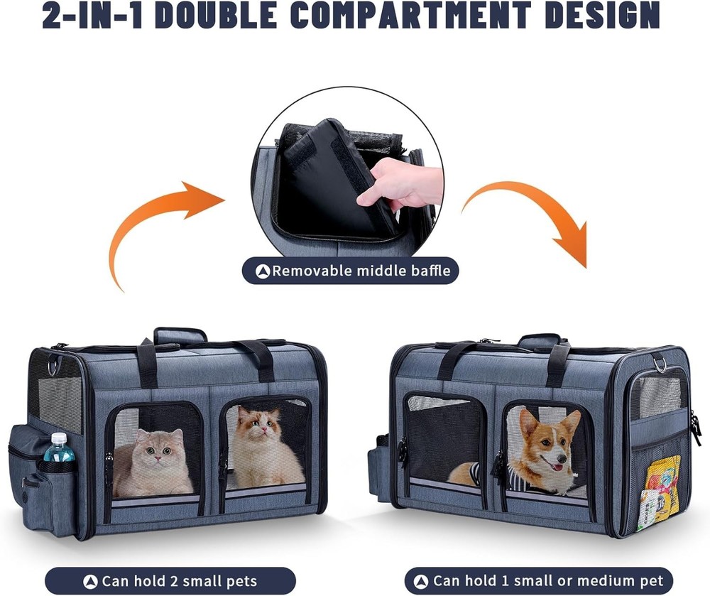 Stylish 2 Cat Carrier with Front Zippered Compartments - Foldable Grey Design
