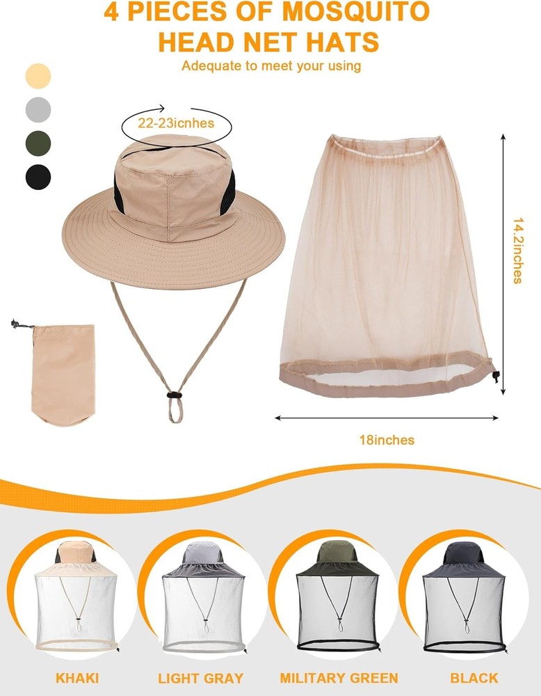 4 Pieces Mosquito Net Hat Bug Cap Mesh Head Net Hat Sun Protection with Removabl