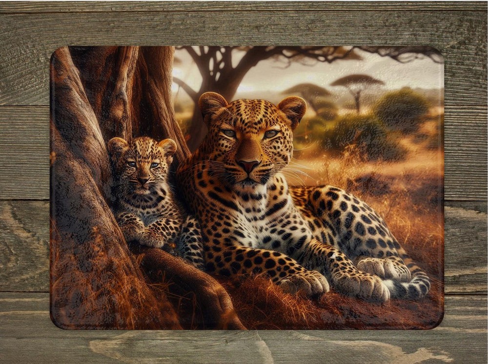 Tempered Glass Cutting Board Leopard Design Rubber Feet Two Sizes