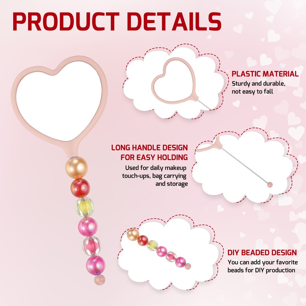 3 Pcs Beadable Mirrors with Handle 6.4" Heart Shape Bead Mirror Bars Light Pink