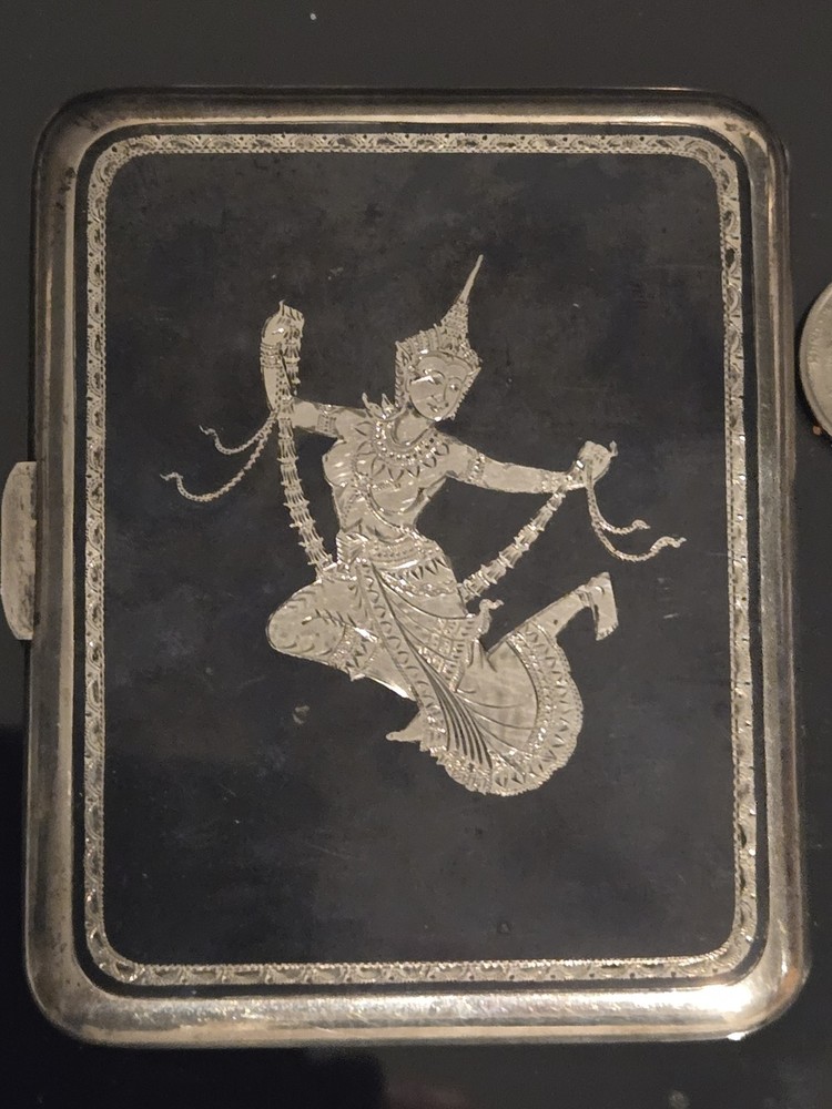 VTG Siam Thailand Solid Sterling Silver & Niello Dancer Etch Cigarette Case Box