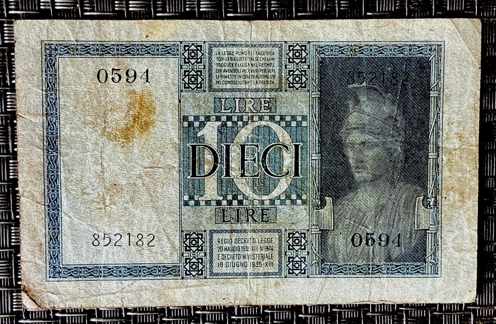 1939 Italy 10 Lire Small Note