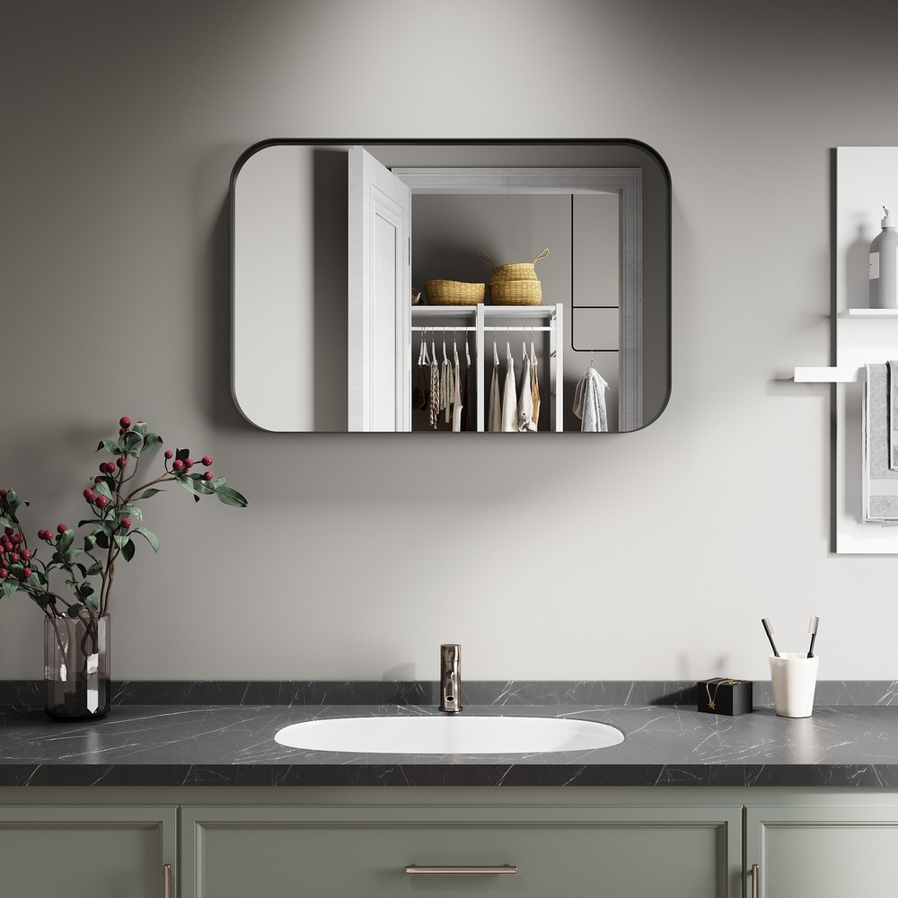 36" x 24" Bathroom Wall Mirror Rounded Corner Rectangle Vanity Mirror Black