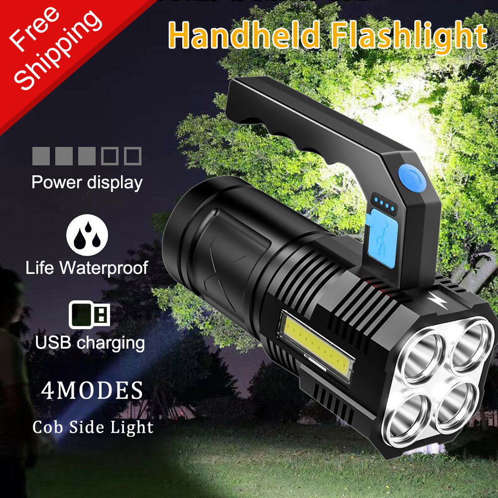 Super Bright LED Flashlight USB Rechargeable Searchlight 4 Modes Work Torch