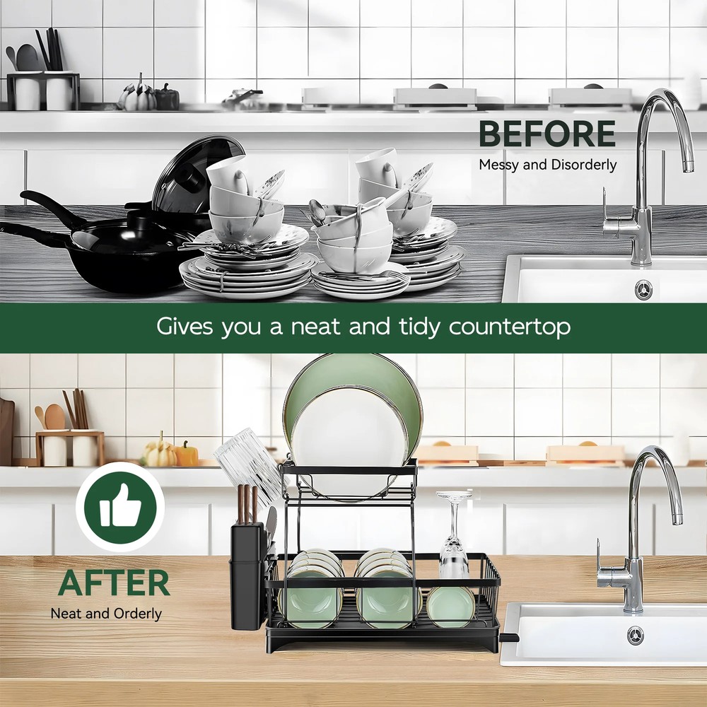 2-Tier Large Dish Drying Rack for Kitchen Counter Drainer Organizers Cups Holder