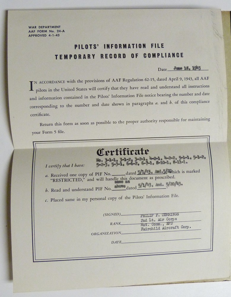 WWII WW2 Pilots' Information File - Named w Certificate