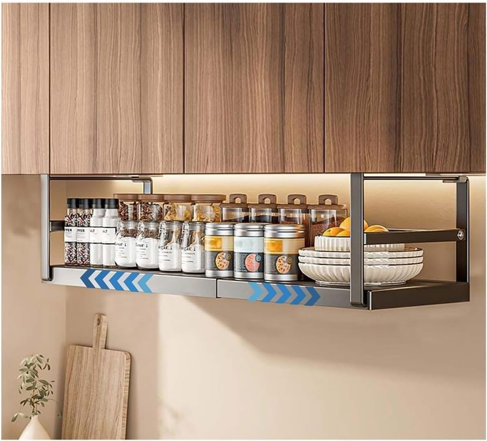 Under Cabinet Shelf Organizer Storage Rack Telescopic Metal Hanging Basket Black