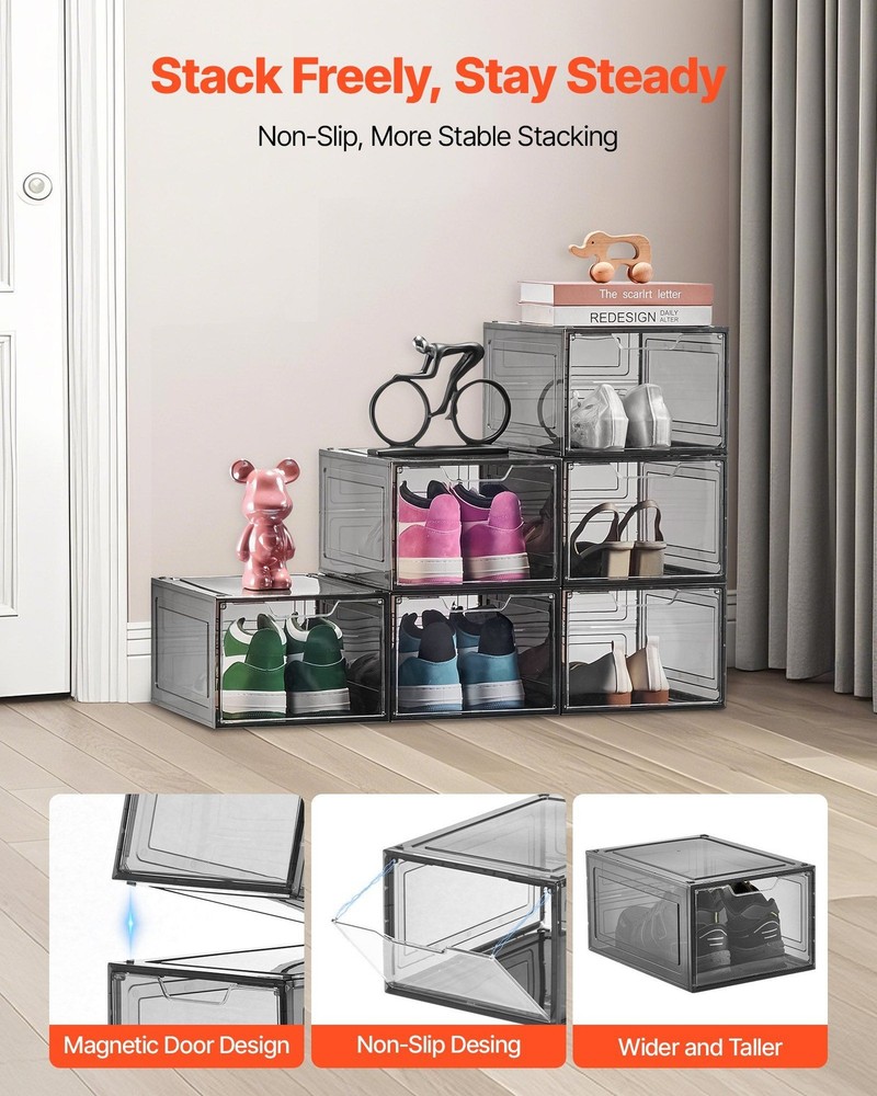 Stackable Shoe Boxes 6-Pack - US Size 13 Transparent Black Storage
