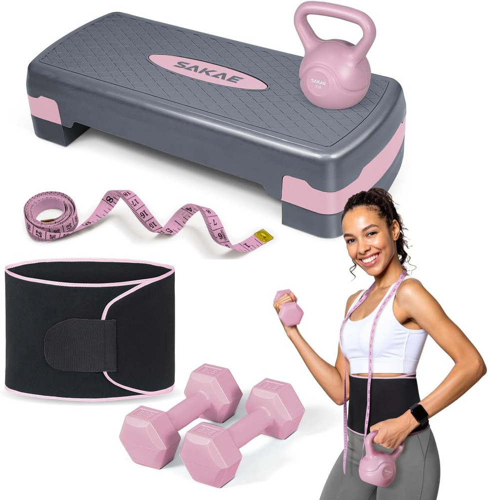 Adjustable Height Aerobic Stepper Set, Multiple Bundle Options with Dumbbells, K