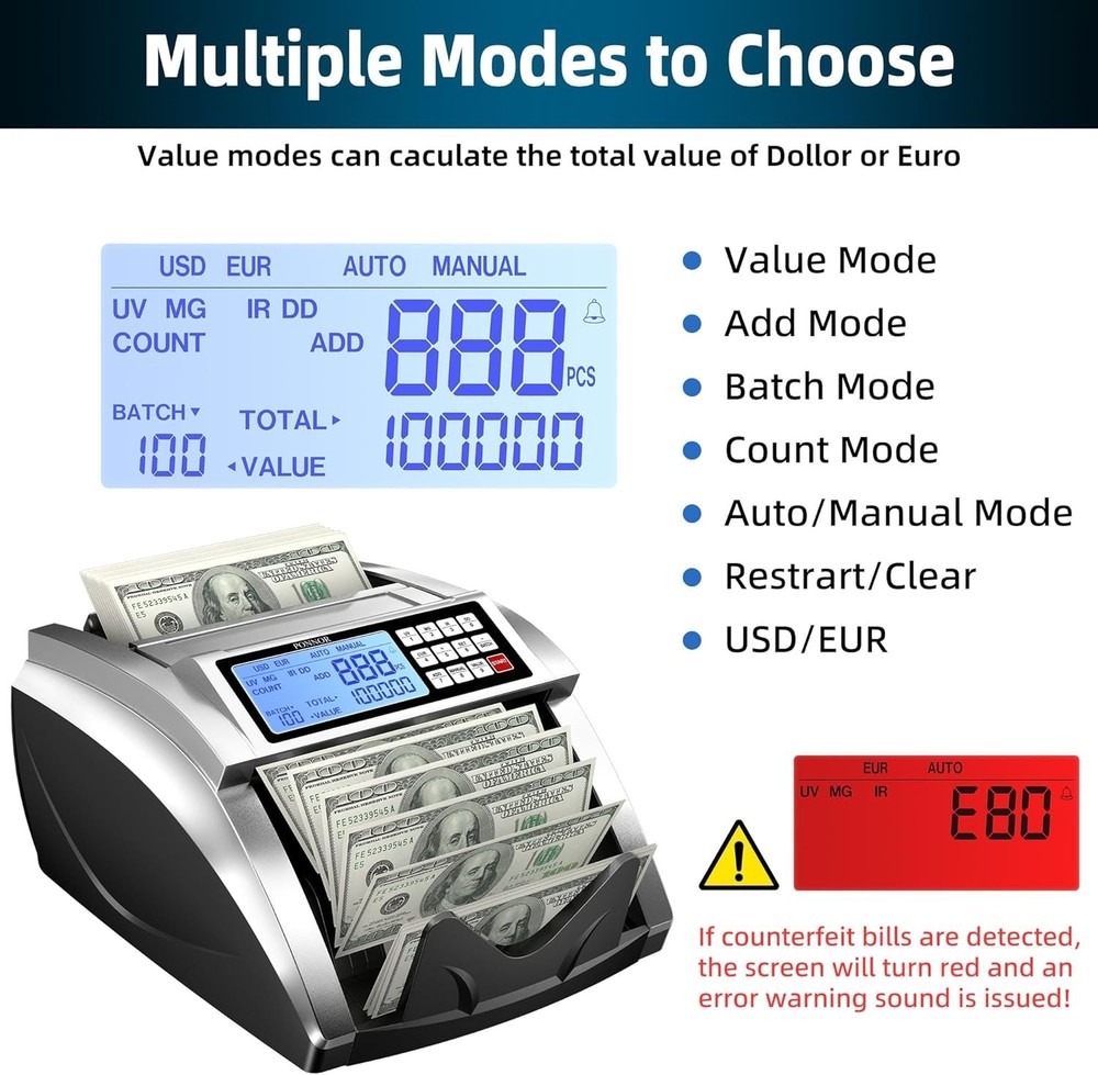 USD/EUR Bill Counter Machine with 4 Detection Methods