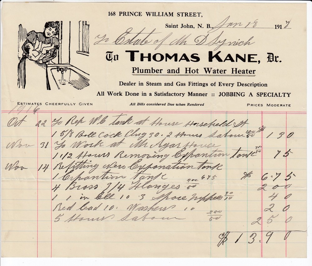 Thomas Kane Plumber Invoices 1919 Saint John N.B.