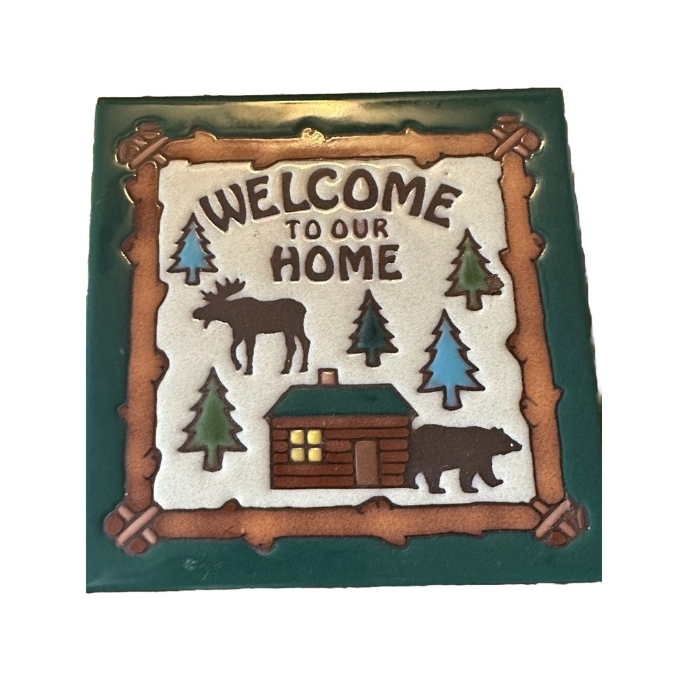 Masterworks Ceramic Tile Coaster Cabin Rustic Trivet Moose Theme Welcome HOME 6"