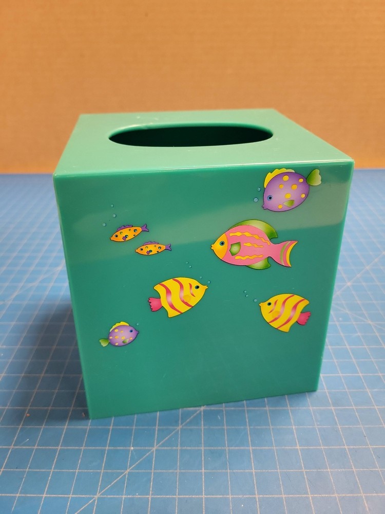 Green Plastic Tissue Box Cover Square Shape Fish Design Bathroom Decor 5.5"