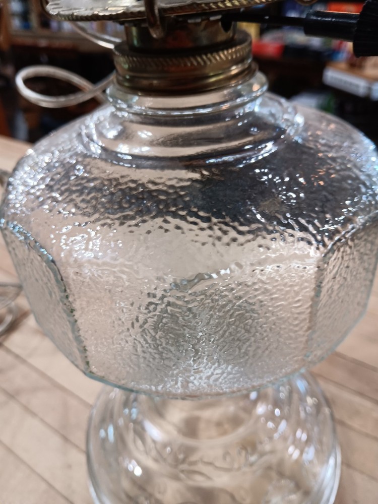 Electrified Glass Oil Lamp Table Lamp, Clear Pressed Scroll Base