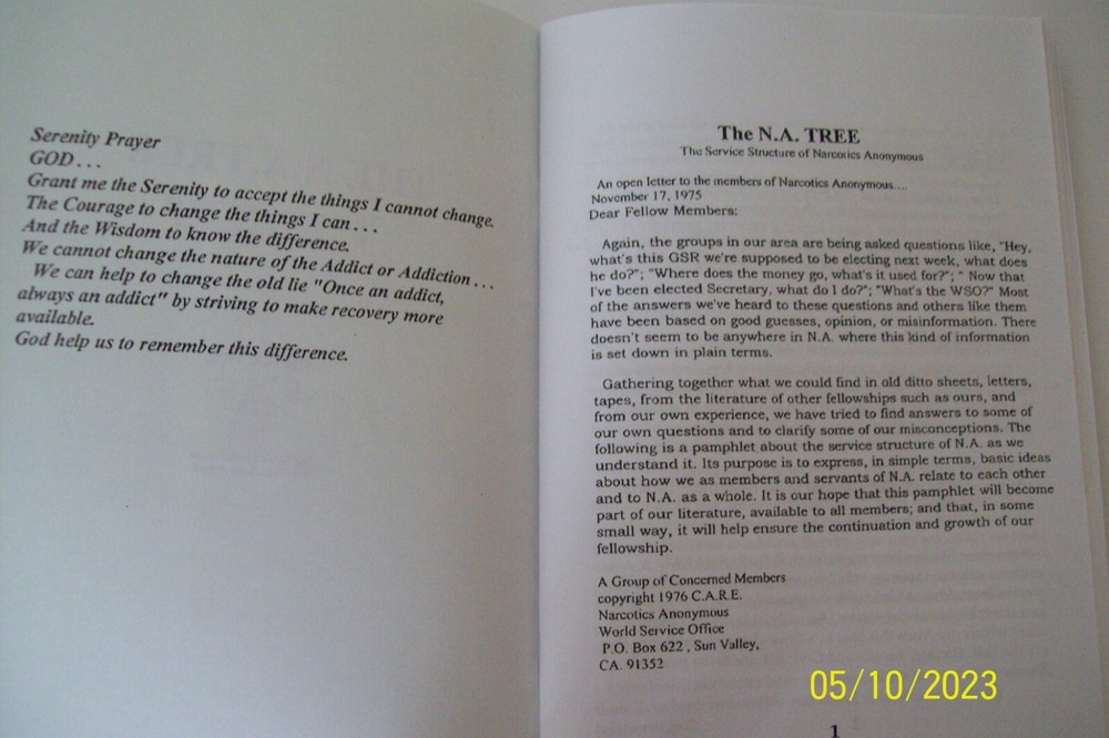 NARCOTICS ANONYMOUS (RELATED) " NA TREE" (REPLICA) EARLY SERVICE MANUAL GREG P.